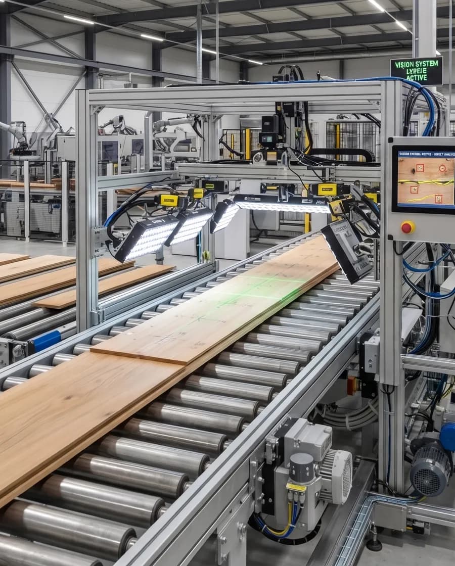 AI camera inspecting wood boards on a conveyor, flagging a surface defect