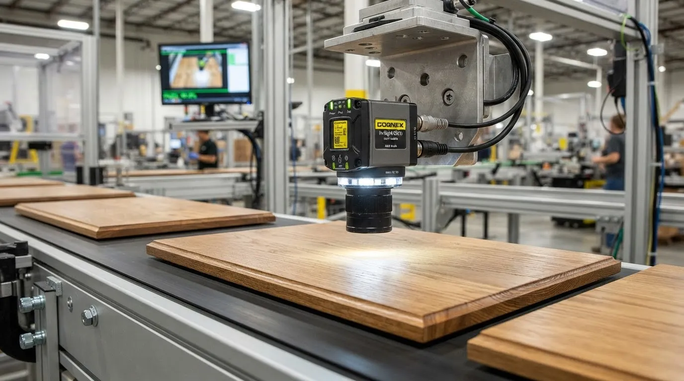 AI camera inspecting a wood panel on a production conveyor