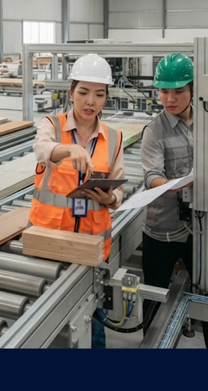 Engineers surveying a wood processing line