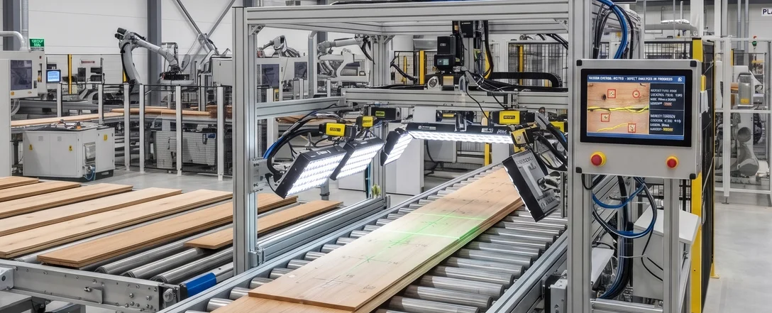 AI cameras inspecting wood boards on a production line