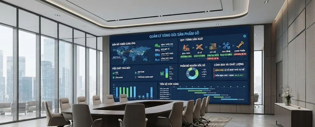 Wood product lifecycle dashboard in a meeting room