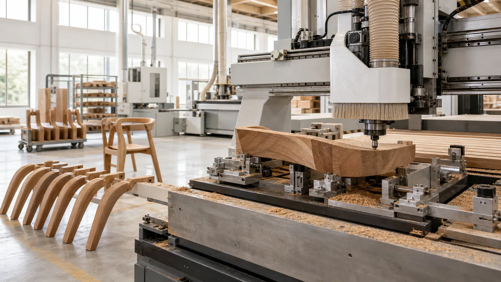 CNC machine cutting a wood panel in a factory